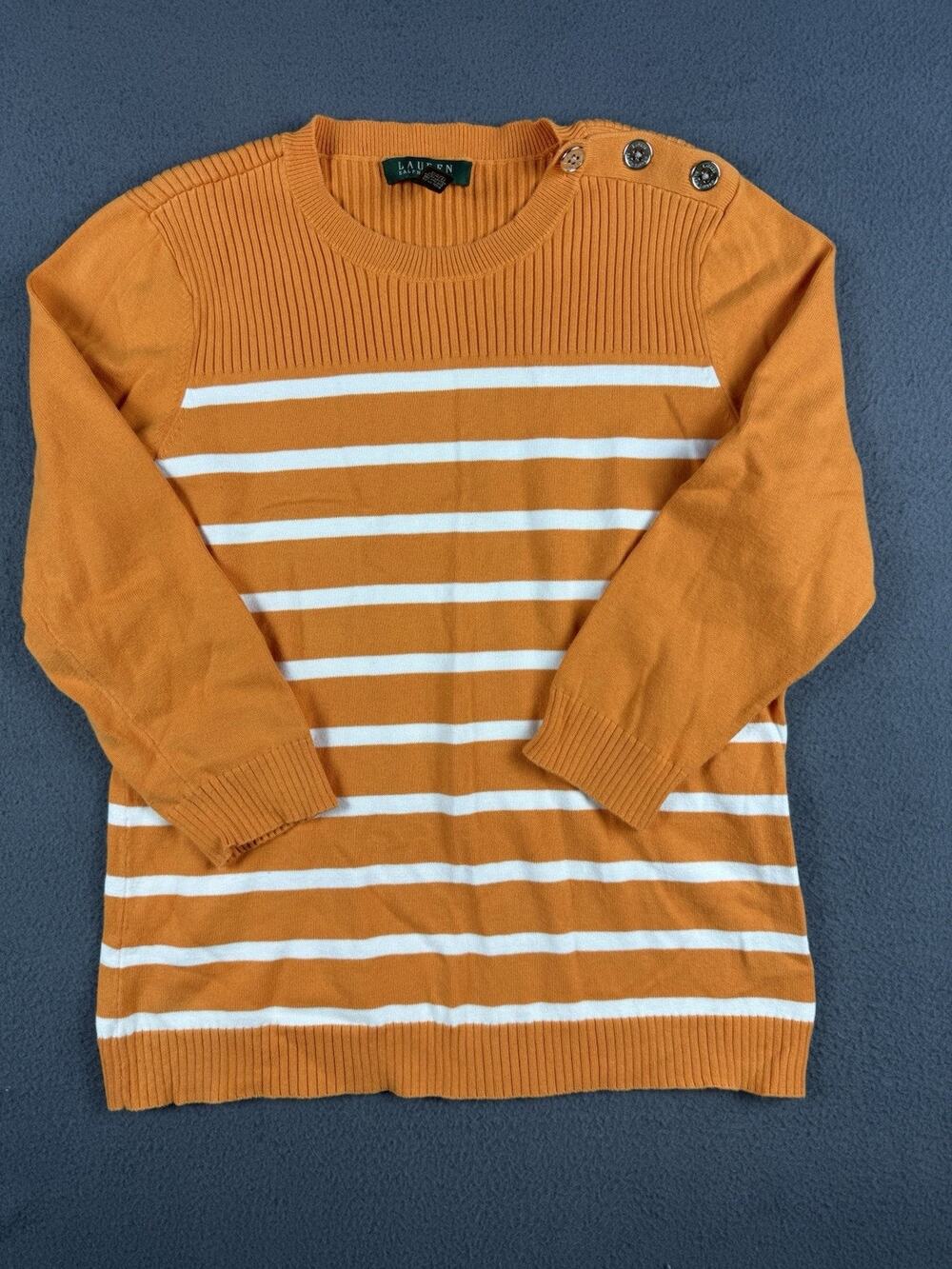 Lauren Ralph Lauren Striped Button Trim Knit Sweater Orange/White Large EUC